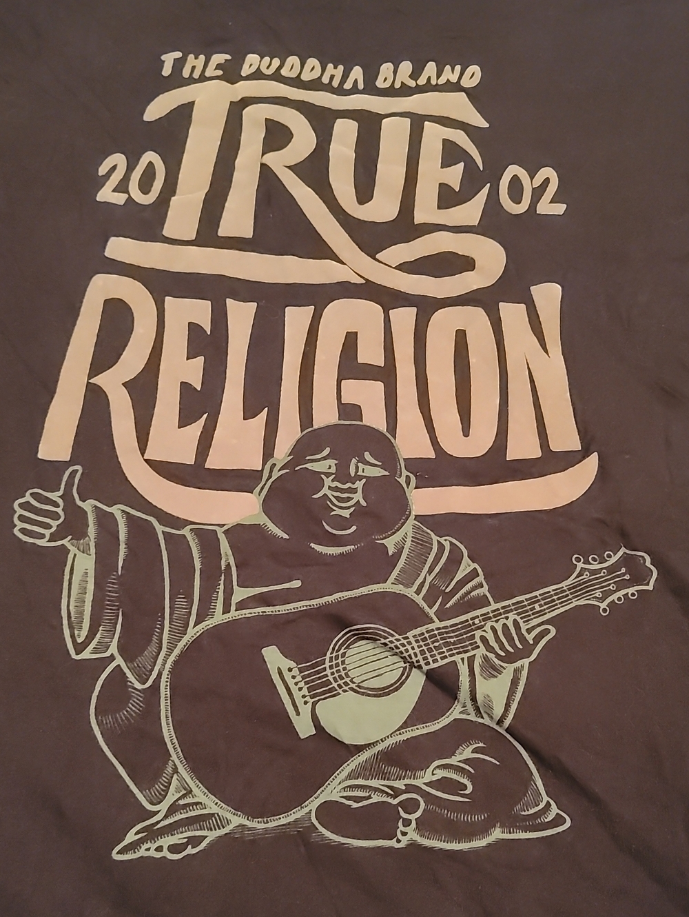 True Religion Men's XL Brown SS Tee Black with Gray Felt Lettering Buddha Guitar
